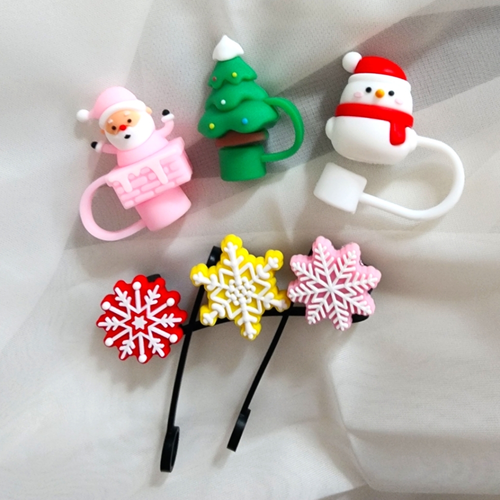6 NEW Holiday Straw Top Tumbler Stoppers Toppers Lids Christmas Styles Snow